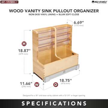 Rev-A-Shelf 30" Wood Vanity Sink Pull Out Organizer Cabinet Storage with Soft-Close for Kitchen or Bathroom, Maple Wood, 441-15VSBSC-1