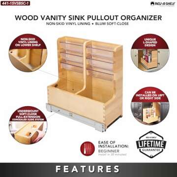 Rev-A-Shelf 30" Wood Vanity Sink Pull Out Organizer Cabinet Storage with Soft-Close for Kitchen or Bathroom, Maple Wood, 441-15VSBSC-1