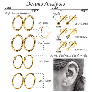 REVOLIA Stylish 10Pairs Stainless Steel Cartilage Earrings