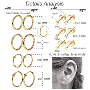 REVOLIA Stylish 10Pairs Stainless Steel Cartilage Earrings