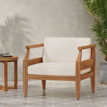 Christopher Knight Home Anton Outdoor Club Chairs - Acacia Wood - Teak/Cream - 30"W x 29.25"D x 26.5...