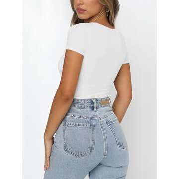 REORIA Womens Fashion Sexy Square Neck Double Lined Fitted Shirts Stretchy Short Sleeve Slimming Going Out Thong Bodysuit Tops White Large