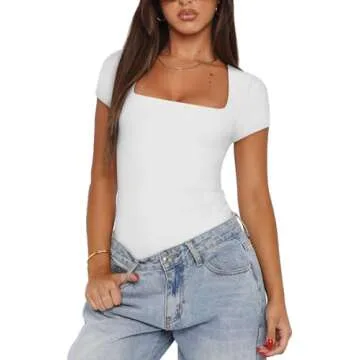 REORIA Womens Fashion Sexy Square Neck Double Lined Fitted Shirts Stretchy Short Sleeve Slimming Going Out Thong Bodysuit Tops White Large