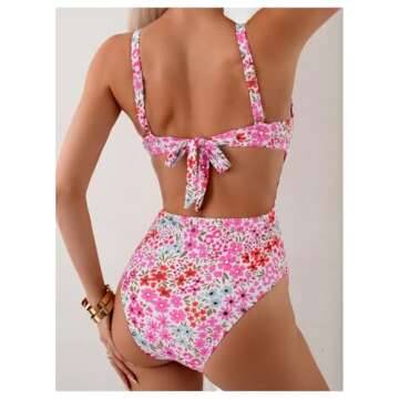 BEAUDRM Women's Floral Print Scoop Neck One Piece Swimsuit Tie Back Bathing Suit Backless Swimwear P...