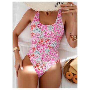 BEAUDRM Women's Floral Print Scoop Neck One Piece Swimsuit Tie Back Bathing Suit Backless Swimwear Pink Large