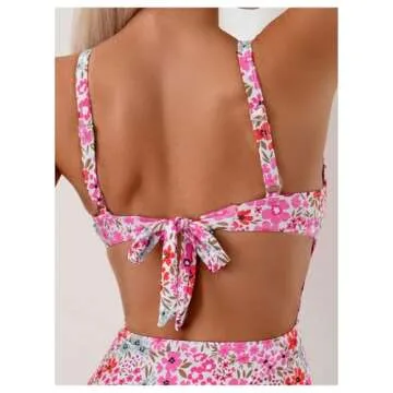BEAUDRM Women's Floral Print Scoop Neck One Piece Swimsuit Tie Back Bathing Suit Backless Swimwear Pink Large