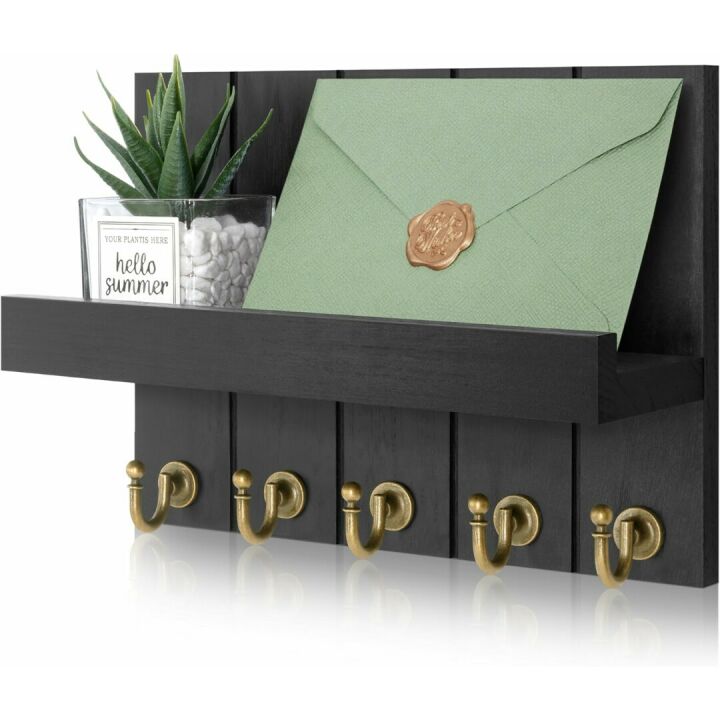 Rebee Vision Decorative Farmhouse Key Holder for Wall - Modern Key Racks for Wall Decor Living Room and Mail Organizer with Shelf for Apartment Essentials - Home Decor Aesthetic (Stylish Black)