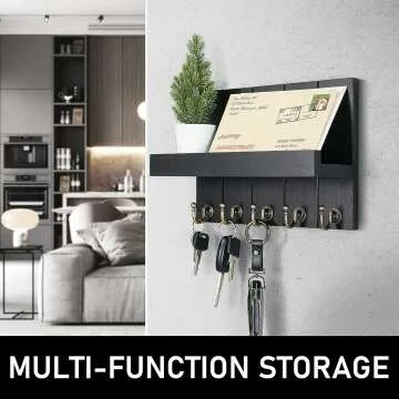 Rebee Vision Decorative Farmhouse Key Holder for Wall - Modern Key Racks for Wall Decor Living Room and Mail Organizer with Shelf for Apartment Essentials - Home Decor Aesthetic (Stylish Black)