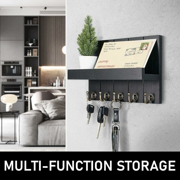 Rebee Vision Decorative Farmhouse Key Holder for Wall - Modern Key Racks for Wall Decor Living Room and Mail Organizer with Shelf for Apartment Essentials - Home Decor Aesthetic (Stylish Black)
