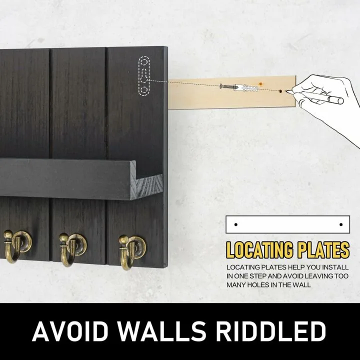 Rebee Vision Decorative Farmhouse Key Holder for Wall - Modern Key Racks for Wall Decor Living Room and Mail Organizer with Shelf for Apartment Essentials - Home Decor Aesthetic (Stylish Black)