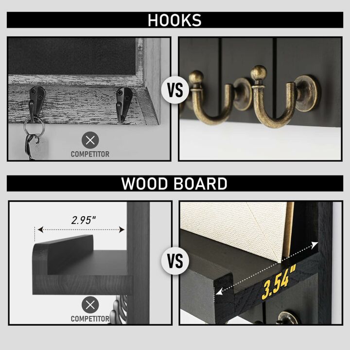 Rebee Vision Decorative Farmhouse Key Holder for Wall - Modern Key Racks for Wall Decor Living Room and Mail Organizer with Shelf for Apartment Essentials - Home Decor Aesthetic (Stylish Black)