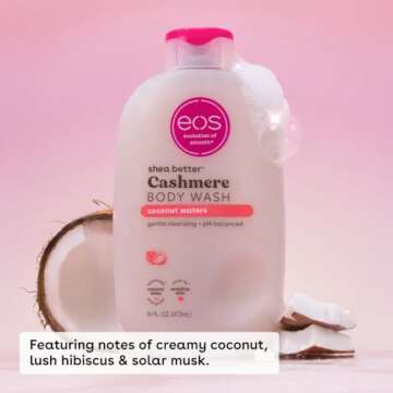 eos Shea Better Cashmere Body Wash, Coconut Waters, Moisturizing and Nourishing, pH Balanced Creamy Gel Formula, Paraben & Phthalate Free, Sensitive Skin,16 fl oz