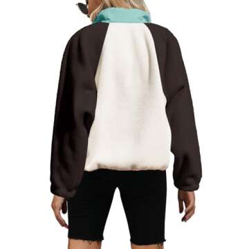 Yanekop Womens Fuzzy Fleece Pullover Sherpa Sweatshirt Long Sleeve Button Down Sweater Jacket with Pockets(Brown Light Blue,M)