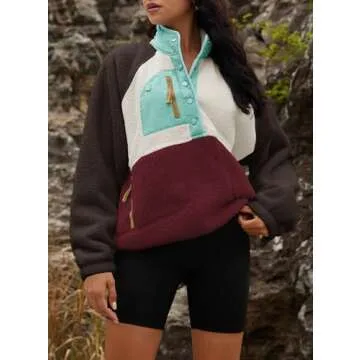 Yanekop Womens Fuzzy Fleece Pullover Sherpa Sweatshirt Long Sleeve Button Down Sweater Jacket with Pockets(Brown Light Blue,M)