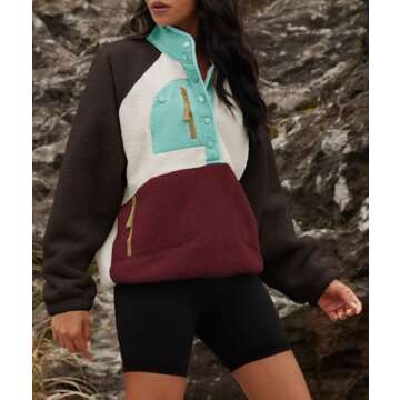 Yanekop Womens Fuzzy Fleece Pullover Sherpa Sweatshirt Long Sleeve Button Down Sweater Jacket with Pockets(Brown Light Blue,M)