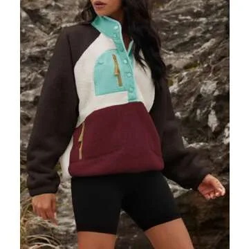 Yanekop Womens Fuzzy Fleece Pullover Sherpa Sweatshirt Long Sleeve Button Down Sweater Jacket with Pockets(Brown Light Blue,M)