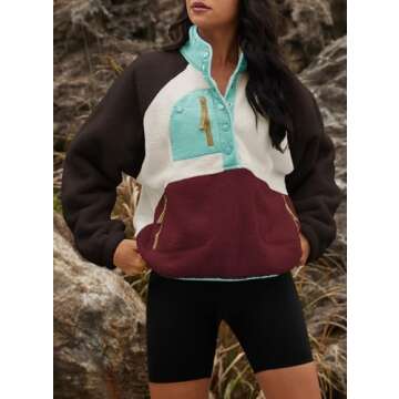 Yanekop Womens Fuzzy Fleece Pullover Sherpa Sweatshirt Long Sleeve Button Down Sweater Jacket with Pockets(Brown Light Blue,M)