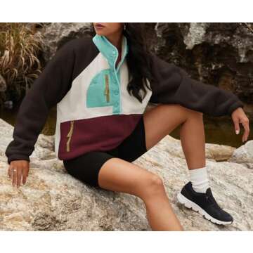 Yanekop Womens Fuzzy Fleece Pullover Sherpa Sweatshirt Long Sleeve Button Down Sweater Jacket with Pockets(Brown Light Blue,M)