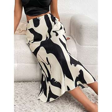 Verdusa Women's High Waist Graphic Print A Line Pleated Long Skirt Black White M