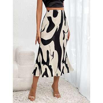 Verdusa Women's High Waist Graphic Print A Line Pleated Long Skirt Black White M