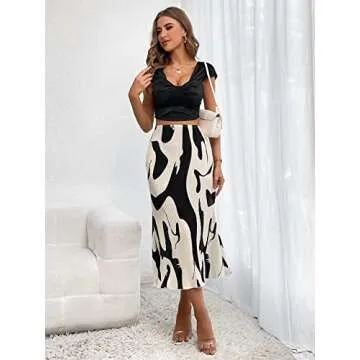 Verdusa Women's High Waist Graphic Print A Line Pleated Long Skirt Black White M