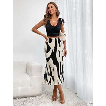 Verdusa Women's High Waist Graphic Print A Line Pleated Long Skirt Black White M