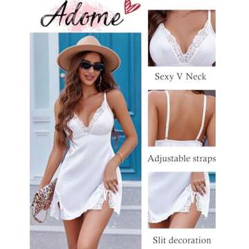 ADOME Women Chemise Lingerie Satin Lace Nightgown Babydoll Sleepwear Mini Dress White Small