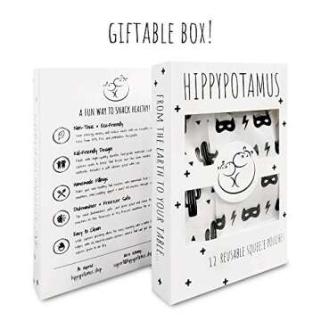 Hippypotamus Reusable Baby Food Pouches - 12 Pack - Baby Food Storage - Pouches Toddler - Refillable Squeeze Pouch for Kids (BLACK/WHITE)
