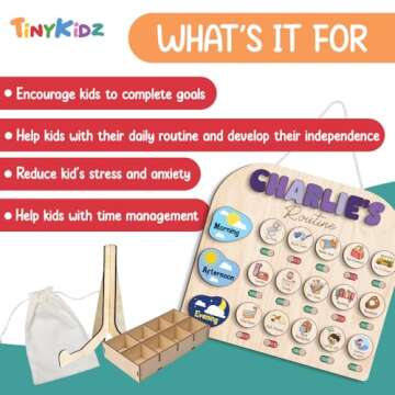 TinyKidz Daily Routine for Toddlers 13x14", Kids Checklist Board, Daily Responsibility Chart for Boys Girls, Wooden Routine Chart for Kids