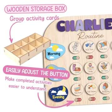 TinyKidz Daily Routine for Toddlers 13x14", Kids Checklist Board, Daily Responsibility Chart for Boys Girls, Wooden Routine Chart for Kids