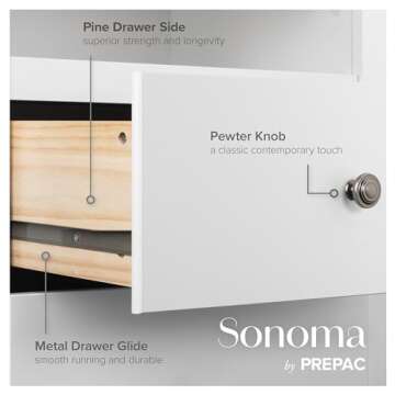 Prepac Sonoma 6 Drawer Dresser for Bedroom, Tall Chest of Drawers, Bedroom Furniture, Clothes Storage and Organizer, 19" D x 23.25" W x 52.75" H, White