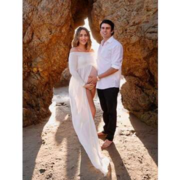 ZIUMUDY Maternity Maxi Chiffon Photography Dress Split Front Gown for Photoshoot (White)