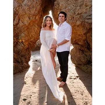 ZIUMUDY Maternity Maxi Chiffon Photography Dress Split Front Gown for Photoshoot (White)