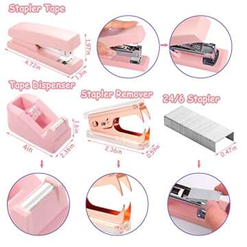 Pink Desk Accessories Kit, Pink Gifts Office Supplies Pink Stapler and Tape Dispenser Set with Stapl...