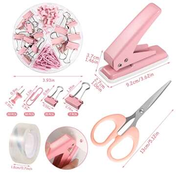 Pink Desk Accessories Kit, Pink Gifts Office Supplies Pink Stapler and Tape Dispenser Set with Staple Remover 1000 Staples Hole Puncher Paper Clips Scissor Tape Office Gift for Coworkers