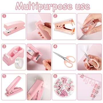 Pink Desk Accessories Kit, Pink Gifts Office Supplies Pink Stapler and Tape Dispenser Set with Staple Remover 1000 Staples Hole Puncher Paper Clips Scissor Tape Office Gift for Coworkers