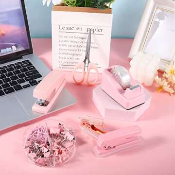 Pink Desk Accessories Kit, Pink Gifts Office Supplies Pink Stapler and Tape Dispenser Set with Staple Remover 1000 Staples Hole Puncher Paper Clips Scissor Tape Office Gift for Coworkers