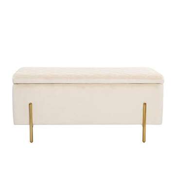 NOBPEINT 43 inches Velvet Storage Ottoman Bench, Upholstered Bed End Bench Storage Chest with Metal Legs, Beige