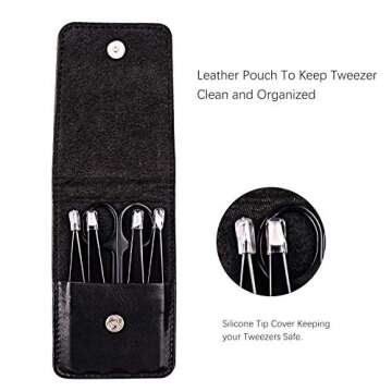 FIXBODY Tweezers Set 5-Piece - Professional Stainless Steel Tweezers with Curved Scissors, Best Precision Tweezer for Eyebrows, Splinter & Ingrown Hair Removal with Leather Travel Case