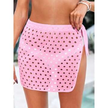 Saodimallsu Women's Crochet Cover Up Skirt 2024 Beach Mesh Slit Tie Waist Mini Wrap Skirts Pareo Swi...