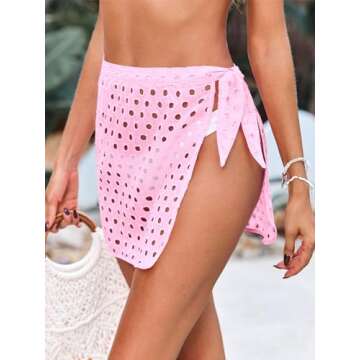 Saodimallsu Women's Crochet Cover Up Skirt 2024 Beach Mesh Slit Tie Waist Mini Wrap Skirts Pareo Swimwear Coverups Pink