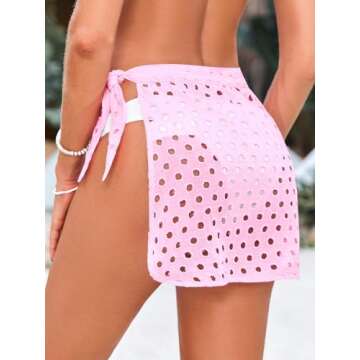 Saodimallsu Women's Crochet Cover Up Skirt 2024 Beach Mesh Slit Tie Waist Mini Wrap Skirts Pareo Swimwear Coverups Pink