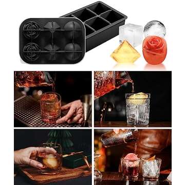2Pack Silicone Square and Round Ice Cube Trays - Sphere, Rose, Diamond Molds for Whiskey, Cocktails & DIY
