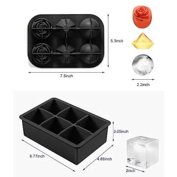2Pack Silicone Square and Round Ice Cube Trays - Sphere, Rose, Diamond Molds for Whiskey, Cocktails & DIY