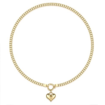 NUZON Love Heart Pendant Necklace for Women 18K Gold Plated Thick Flat Herringbone Snake Chain Choke...