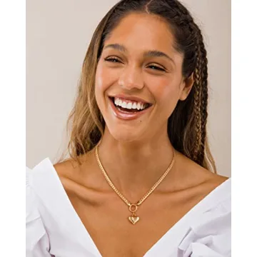 NUZON Love Heart Pendant Necklace for Women 18K Gold Plated Thick Flat Herringbone Snake Chain Choker Engraving “Love You” Charm Sailor Lock Layering Jewelry 16’’