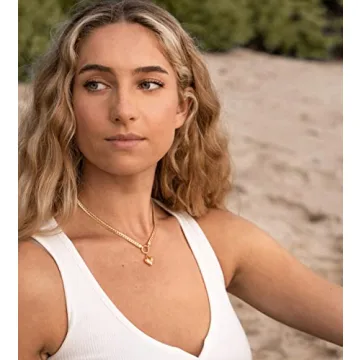 NUZON Love Heart Pendant Necklace for Women 18K Gold Plated Thick Flat Herringbone Snake Chain Choker Engraving “Love You” Charm Sailor Lock Layering Jewelry 16’’