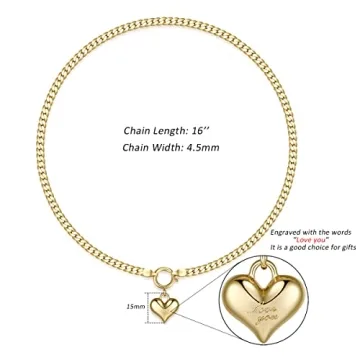 NUZON Love Heart Pendant Necklace for Women 18K Gold Plated Thick Flat Herringbone Snake Chain Choker Engraving “Love You” Charm Sailor Lock Layering Jewelry 16’’