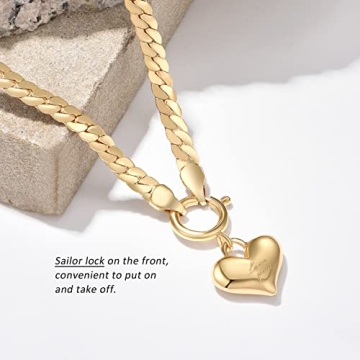 NUZON Love Heart Pendant Necklace for Women 18K Gold Plated Thick Flat Herringbone Snake Chain Choker Engraving “Love You” Charm Sailor Lock Layering Jewelry 16’’