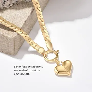 NUZON Love Heart Pendant Necklace for Women 18K Gold Plated Thick Flat Herringbone Snake Chain Choker Engraving “Love You” Charm Sailor Lock Layering Jewelry 16’’